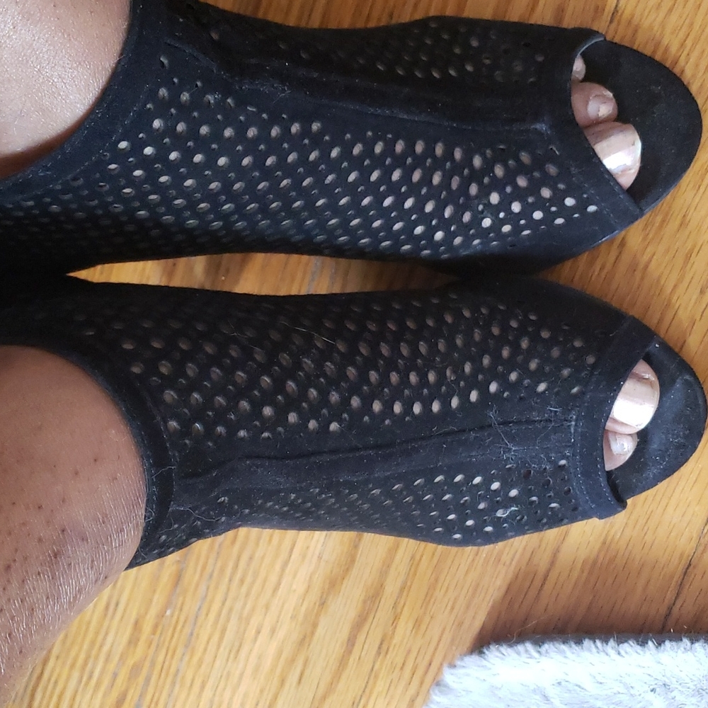 Mesh detail suede open toe bootie.